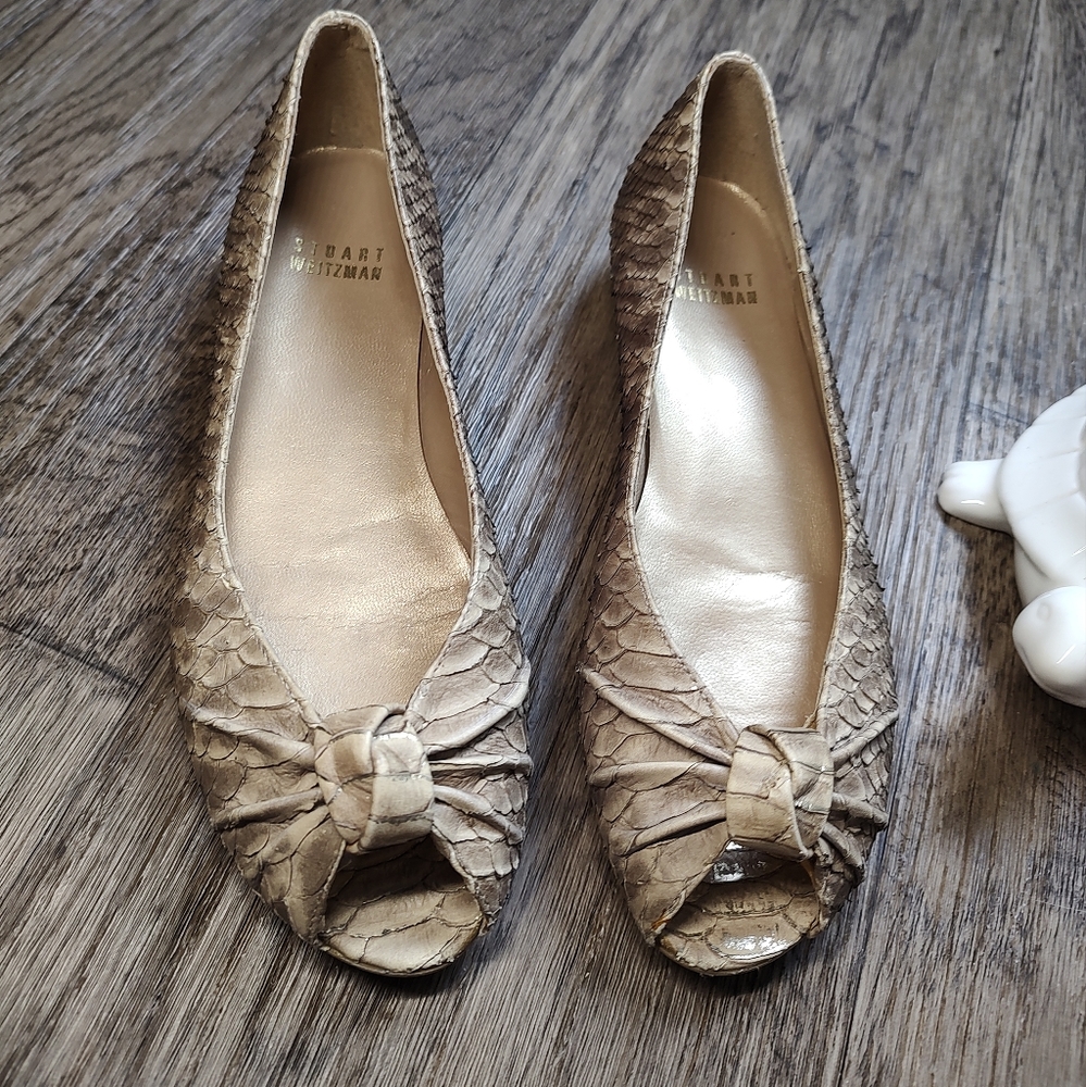 Stuart Weitzman snake skin open toe knot flats